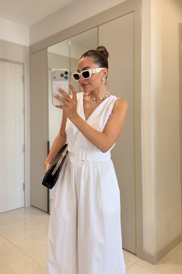Madison Beyaz Kemerli V Yaka Bol Paça Tulum