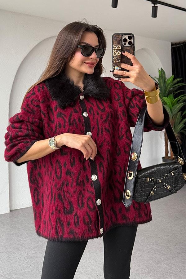 Madlen Bordo Yakası Kürklü Hırka