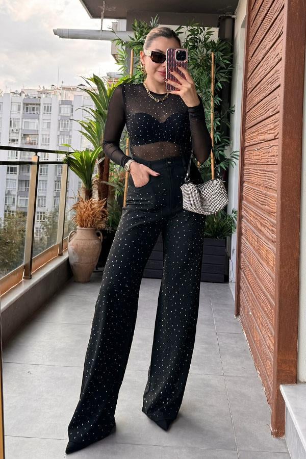 Mae Taşlı Geniş Paça Pantolon