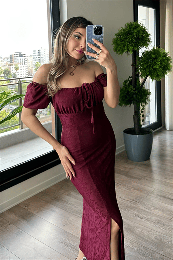 Magıc kayık yaka bordo elbise