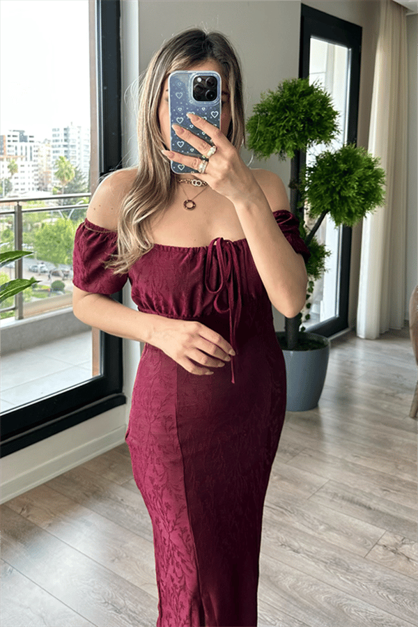 Magıc kayık yaka bordo elbise