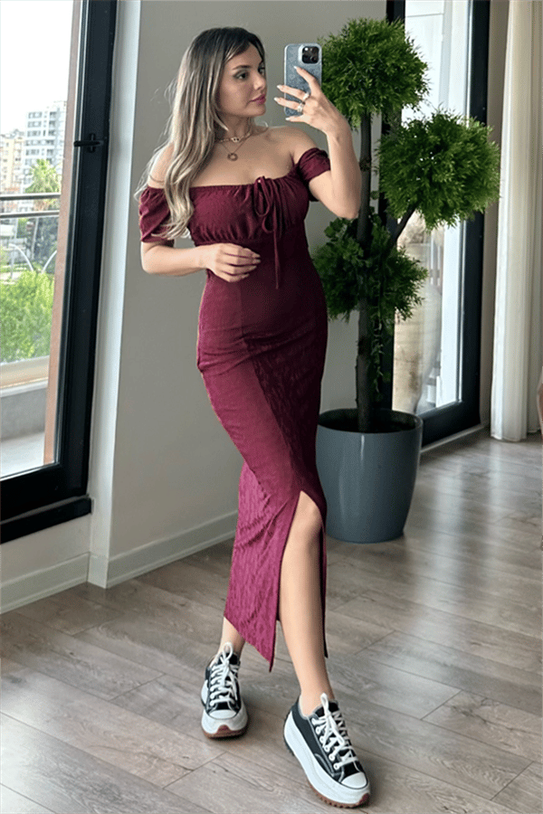 Magıc kayık yaka bordo elbise