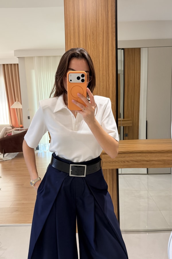 Mairin Beyaz Vatkalı Polo Yaka Tshirt