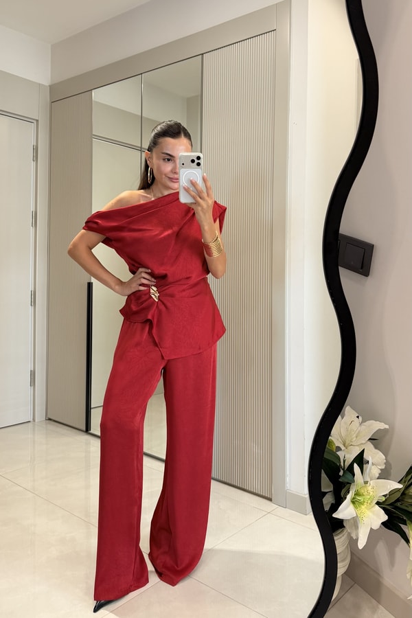 Maisie Kırmızı Saten Palazzo Pantolon