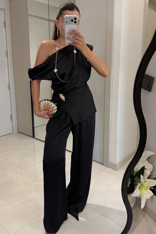 Maisie Siyah Saten Palazzo Pantolon
