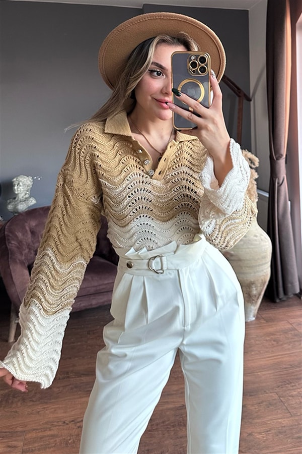 Maiwen krem geçişli dalga desen triko