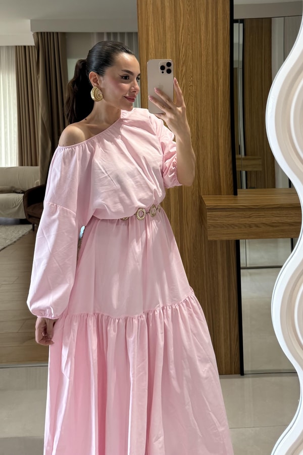 Majuro Toz Pembe  Boğumlu Poplin Elbise