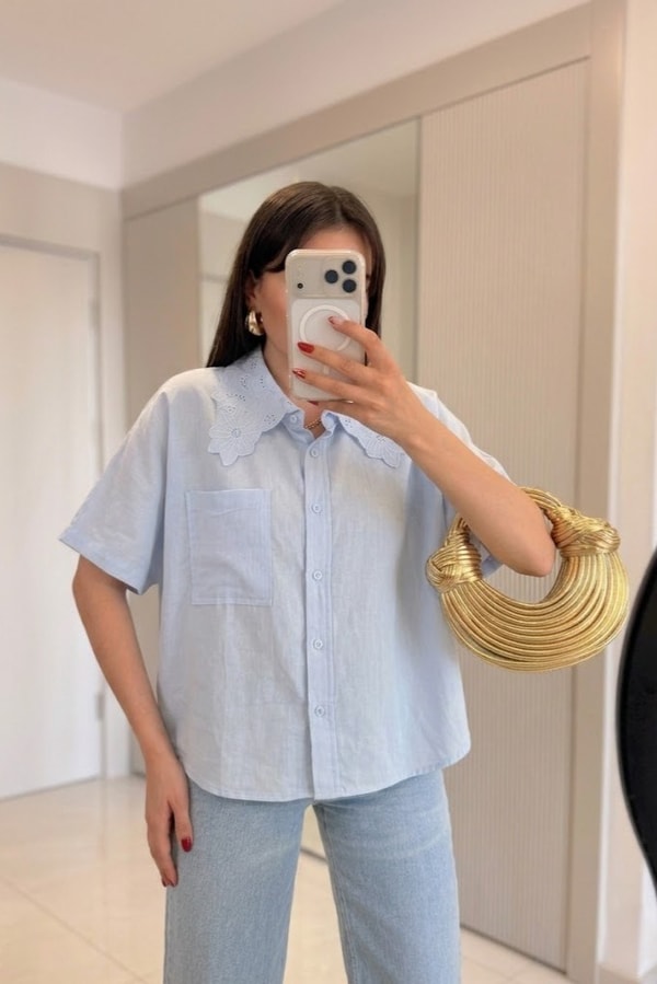 Make Bebe Mavi Yaka Detaylı Gömlek