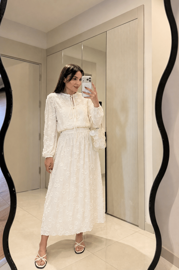 Manche Ekru Dokulu Etek Bluz Takım