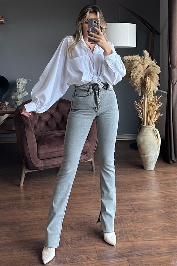 Manhattan gri yırtmaç detaylı jean