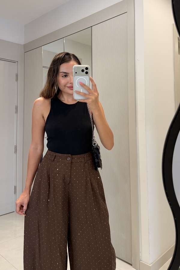 Manusa Kahve Taşlı Bol Paça Pantolon
