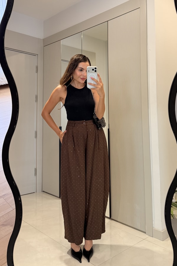 Manusa Kahve Taşlı Bol Paça Pantolon