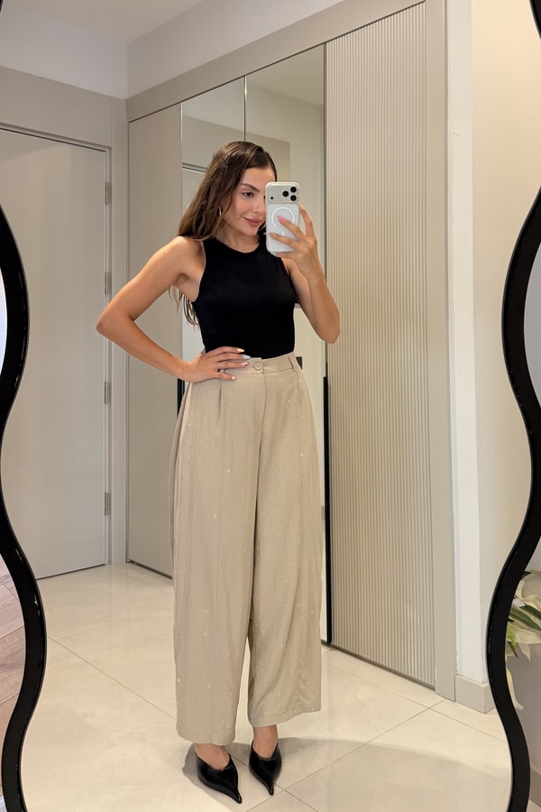 Manusa Vizon Taşlı Bol Paça Pantolon