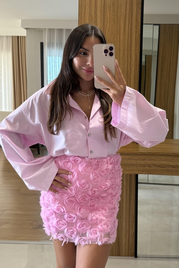 Marbella Pembe Kabartma Gül Detaylı Mini Etek