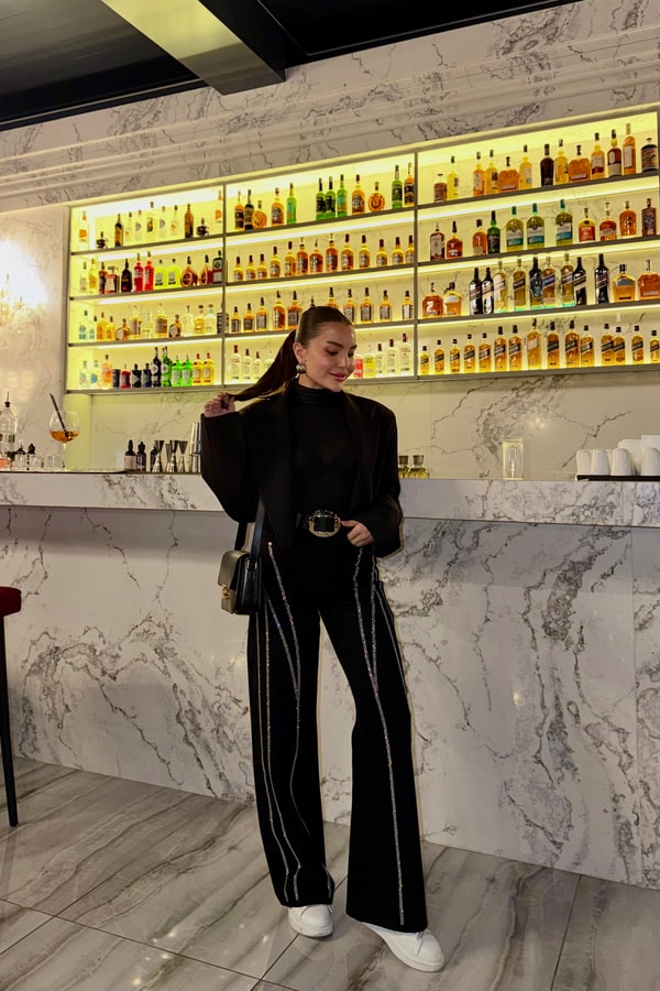 Maria Siyah Full Taşlı Palazzo Jean