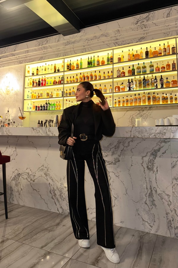 Maria Siyah Full Taşlı Palazzo Jean