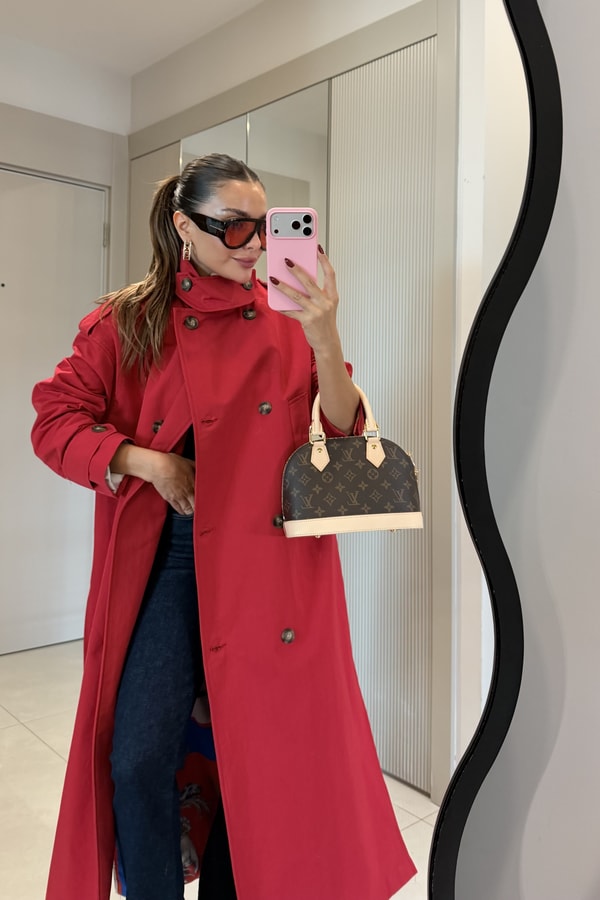 Marian Kırmızı Astarı Desenli Dik Yaka Trenç