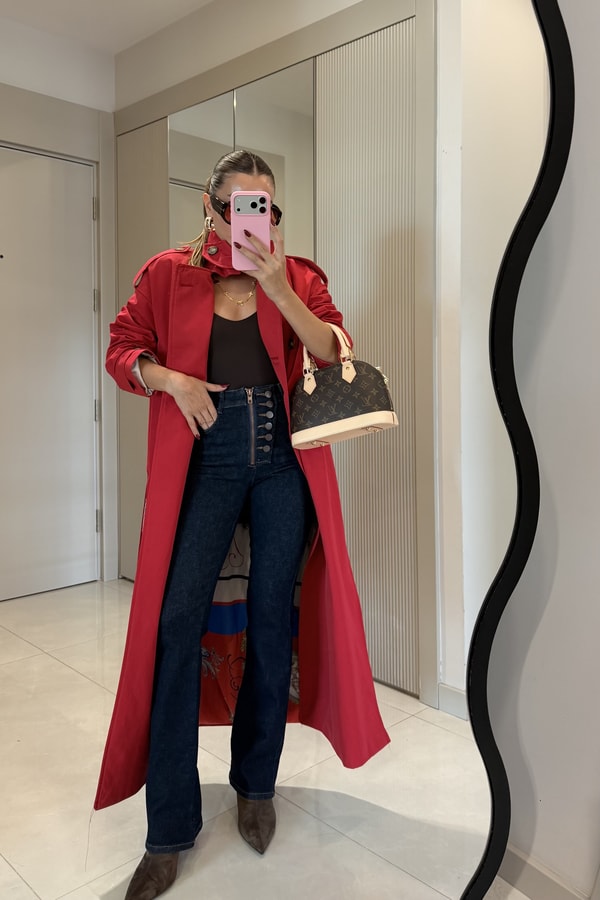 Marian Kırmızı Astarı Desenli Dik Yaka Trenç