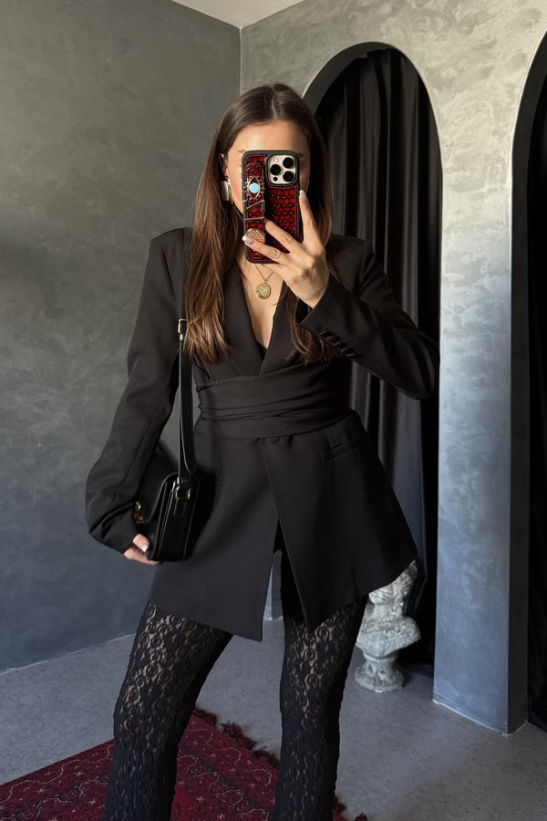 Mariel Siyah Bağlamalı Premium Blazer Ceket