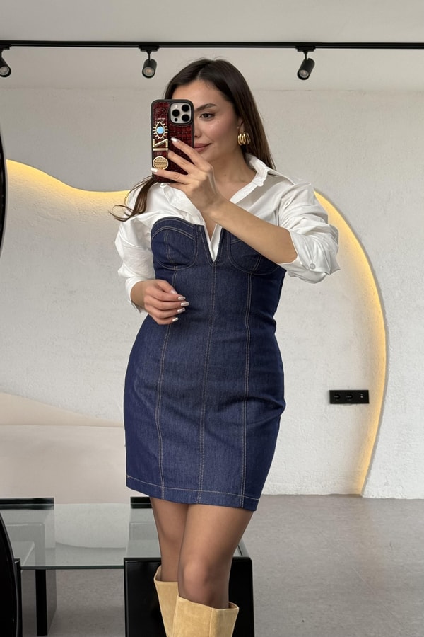 Enrico Mini Denim Korse Elbise 