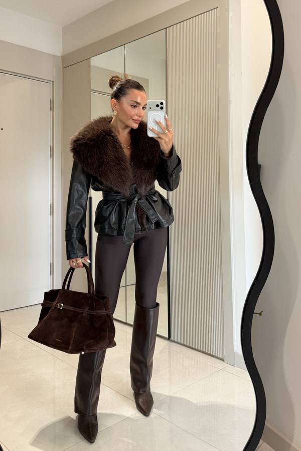 Marise Kahve Kürk Yakalı Kemerli Deri Ceket
