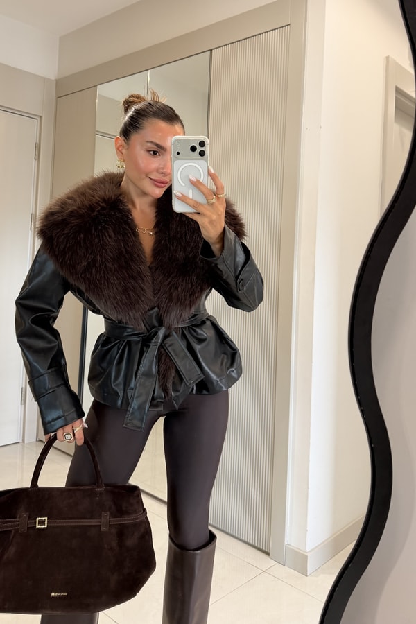 Marise Kahve Kürk Yakalı Kemerli Deri Ceket