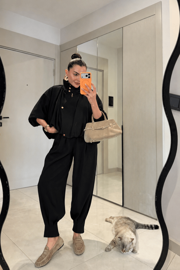 Marlena Siyah Bomber Ceket Pantolon Premium Takım
