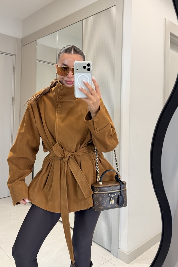 Marlene Taba Dik Yaka Kuşaklı Süet Ceket