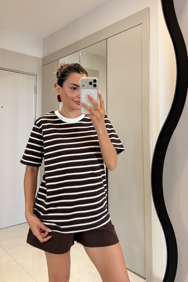 Marlet Kahve Çizgili Bisiklet Yaka Tshirt