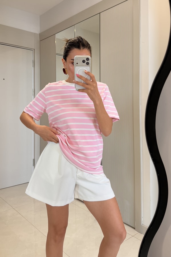 Marlet Pembe Çizgili Bisiklet Yaka Tshirt