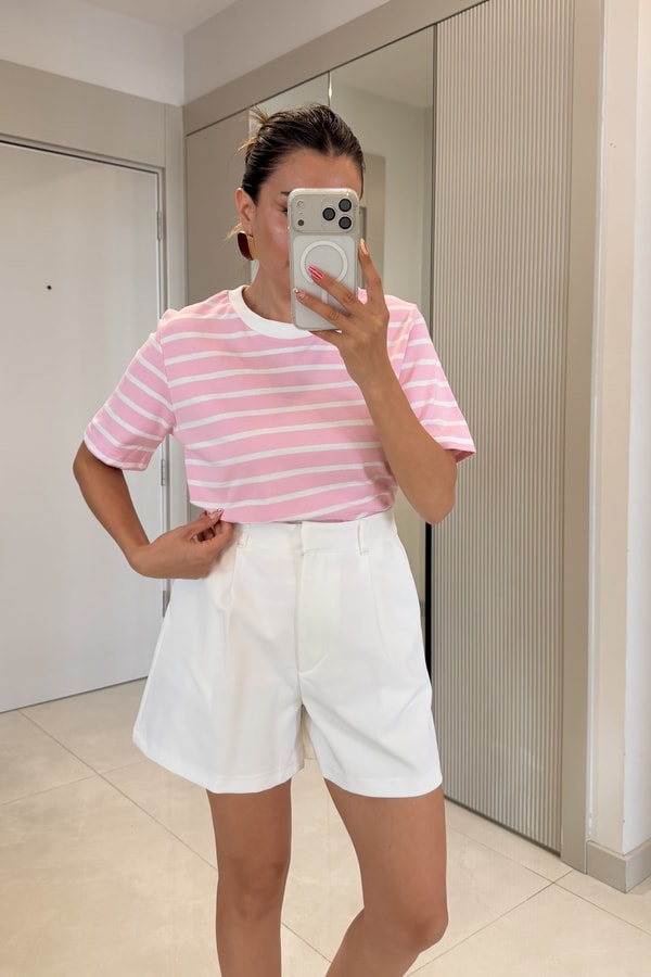Marlet Pembe Çizgili Bisiklet Yaka Tshirt