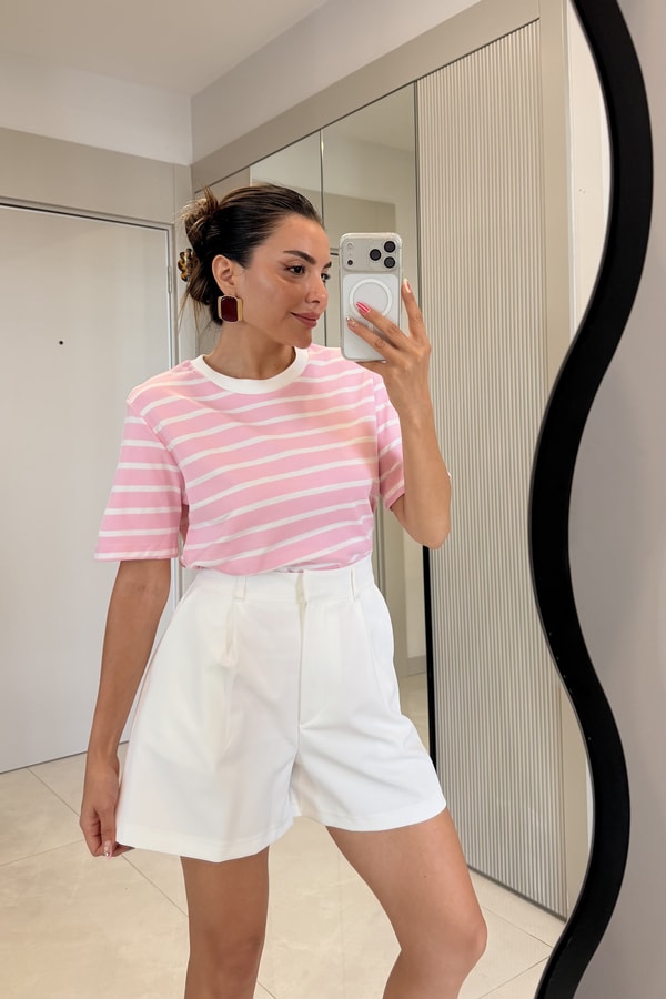 Marlet Pembe Çizgili Bisiklet Yaka Tshirt