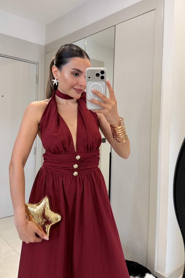 Marsiana Bordo Halter Yaka Gold Düğmeli Elbise