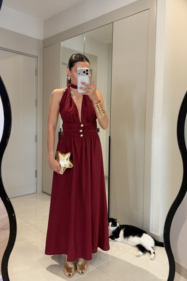 Marsiana Bordo Halter Yaka Gold Düğmeli Elbise