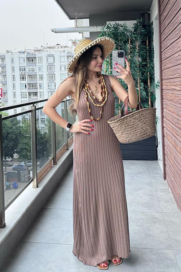 Marsıana Sıfır Kol Fitilli Elbise -Kahve 