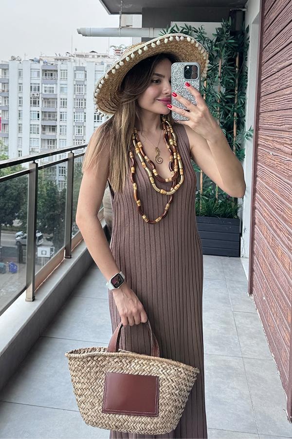 Marsıana Sıfır Kol Fitilli Elbise -Kahve 