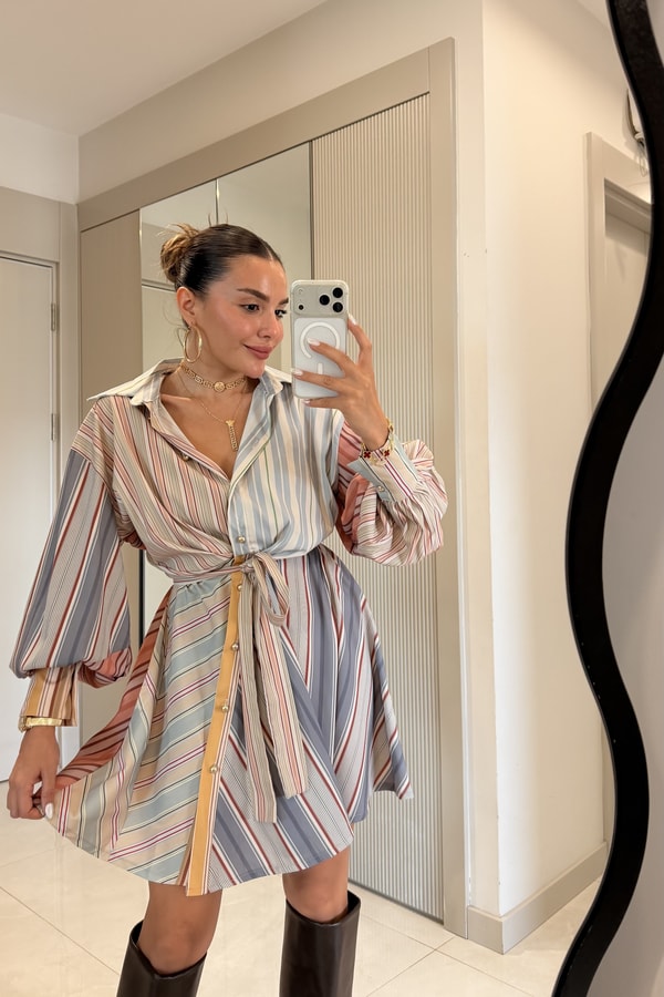 Martina Renkli Çizgili Gömlek Elbise