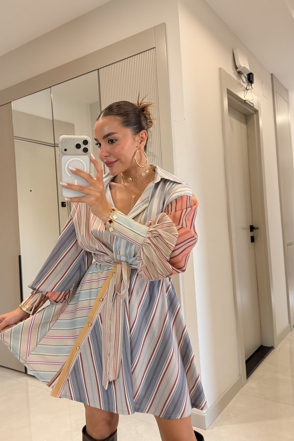 Martina Renkli Çizgili Gömlek Elbise