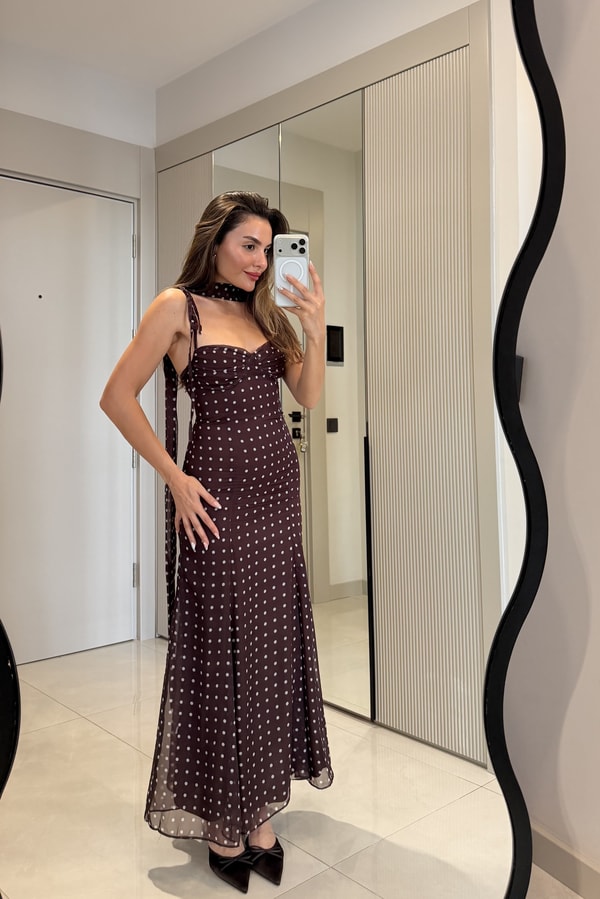 Marya Kahve Şallı Puantiye Desen Şifon Elbise