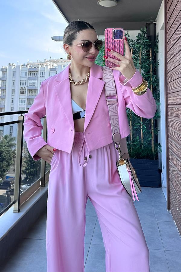 Maso Kruvaze Crop Blazer Ceket - Pembe