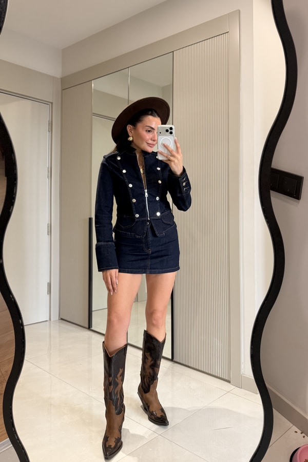 Massive Lacivert Denim Şort Etekli Takım