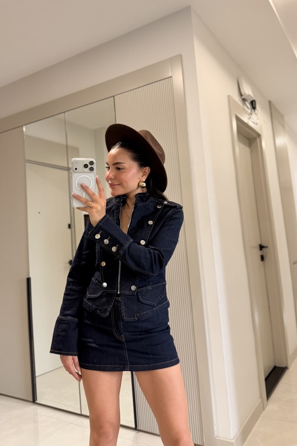 Massive Lacivert Denim Şort Etekli Takım
