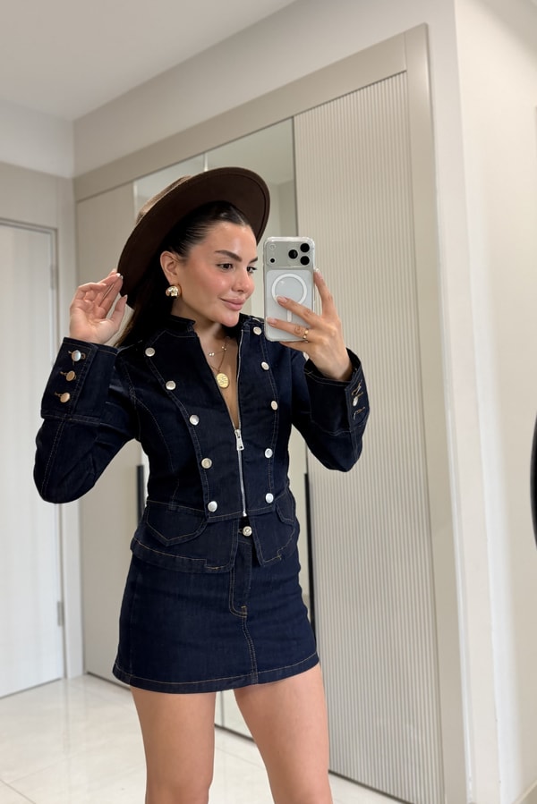 Massive Lacivert Denim Şort Etekli Takım