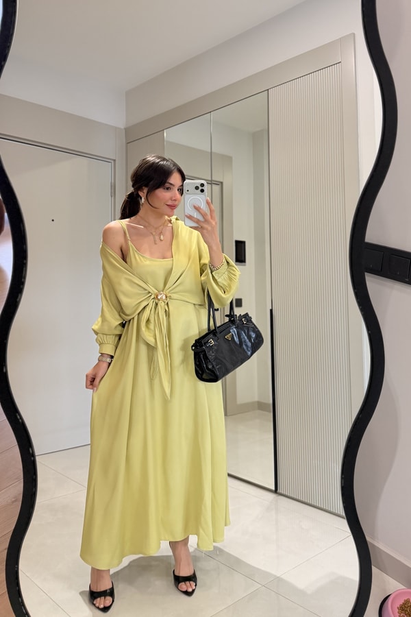 Mathilda Yağ Yeşili Elbise Gömlek Takım