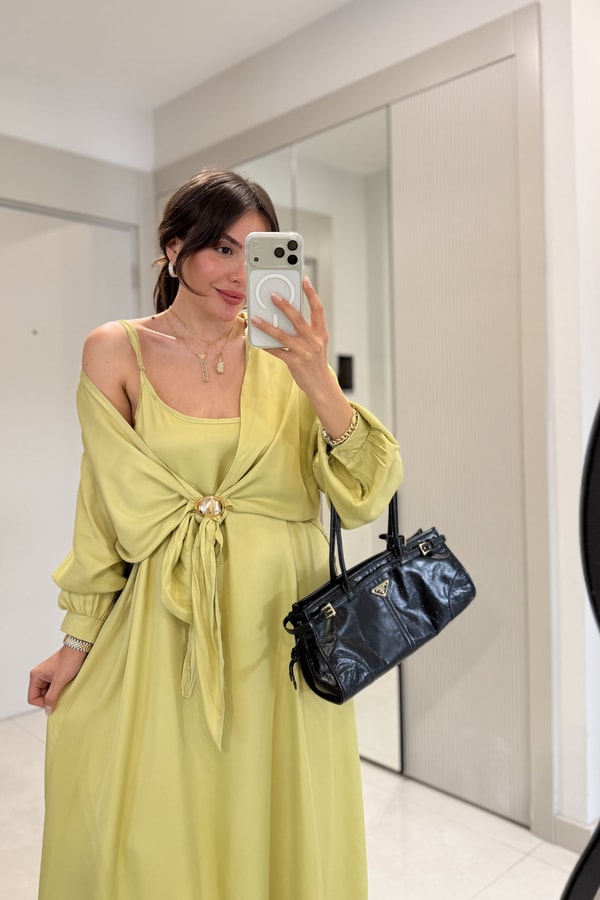 Mathilda Yağ Yeşili Elbise Gömlek Takım