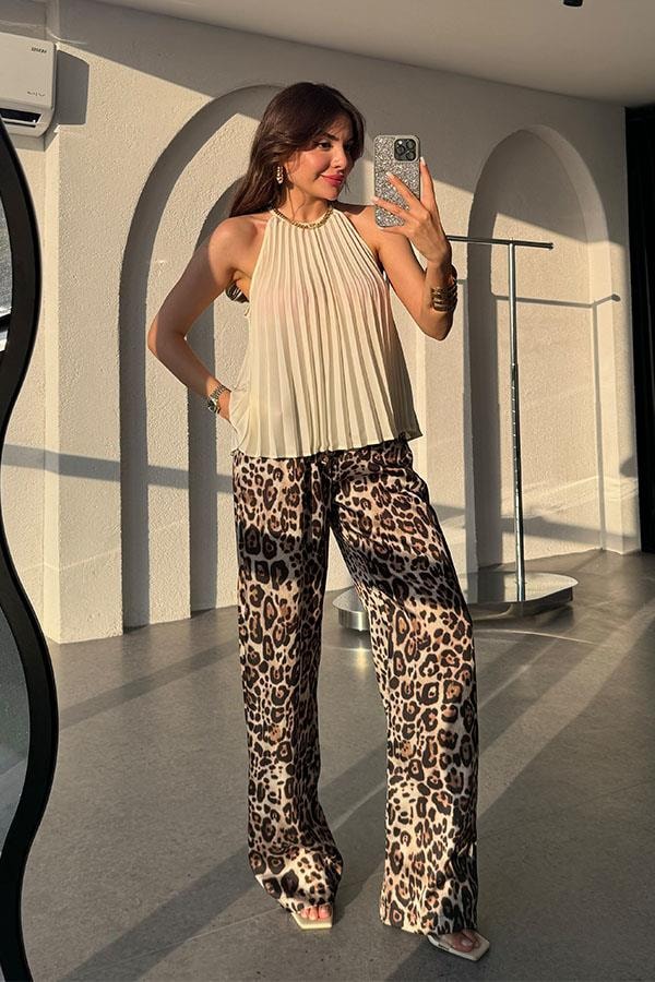 Matyas Beli Lastikli Saten Leopar Pantolon 