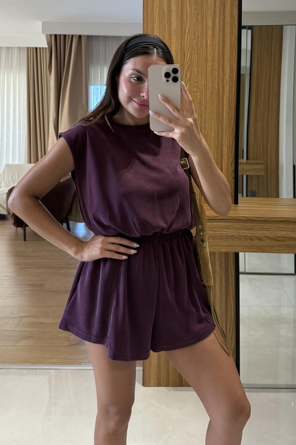 Maude Mürdüm Modal Beli Lastikli Tulum