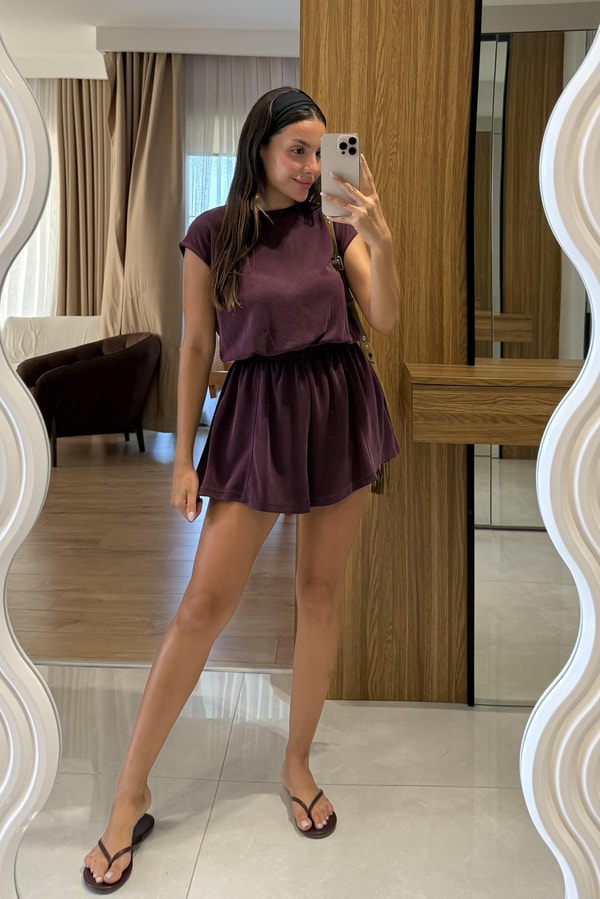 Maude Mürdüm Modal Beli Lastikli Tulum