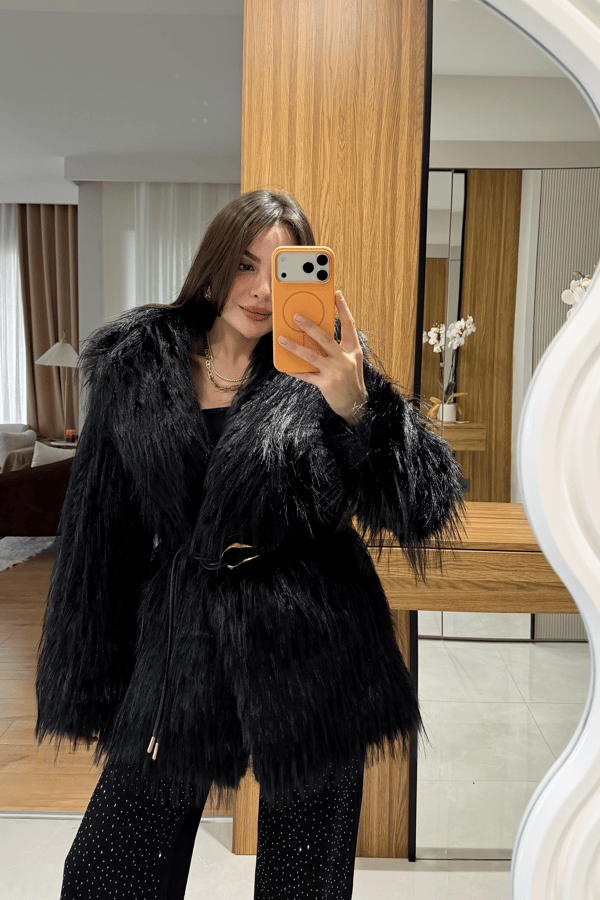 Maura Siyah Kemerli Saçaklı Kürk