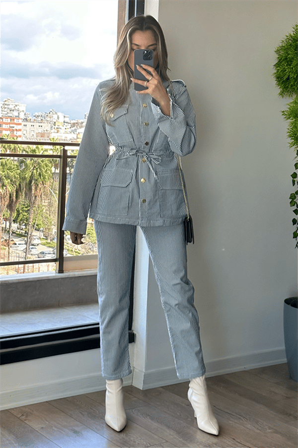 Mavi beyaz çizgili kot ikili takım